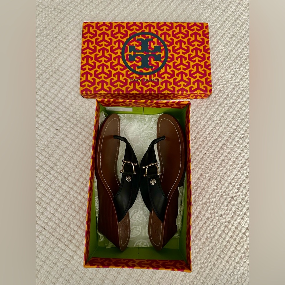 Tory Burch Black Leather Wedge Sandals